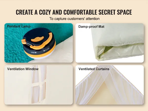 VEVOR kids play tent with lighting, damp-proof mat, ventilation window, and ventilated curtains.