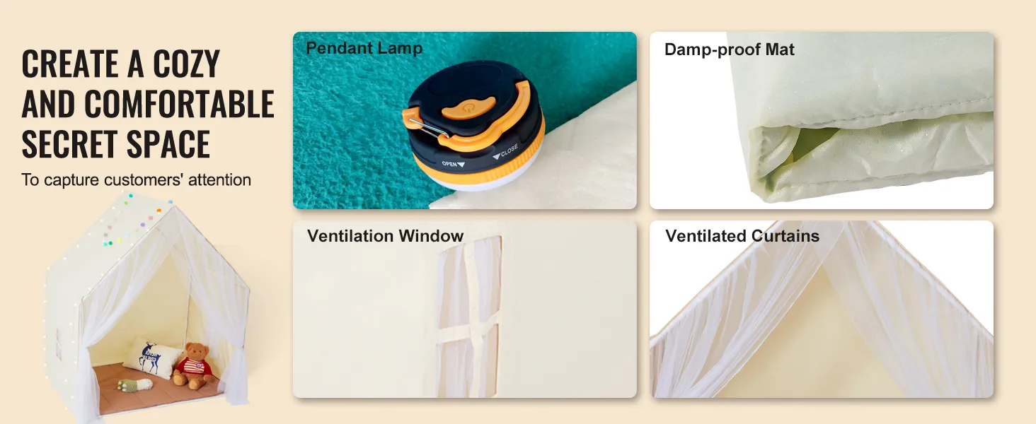 VEVOR kids play tent with lighting, damp-proof mat, ventilation window, and ventilated curtains.