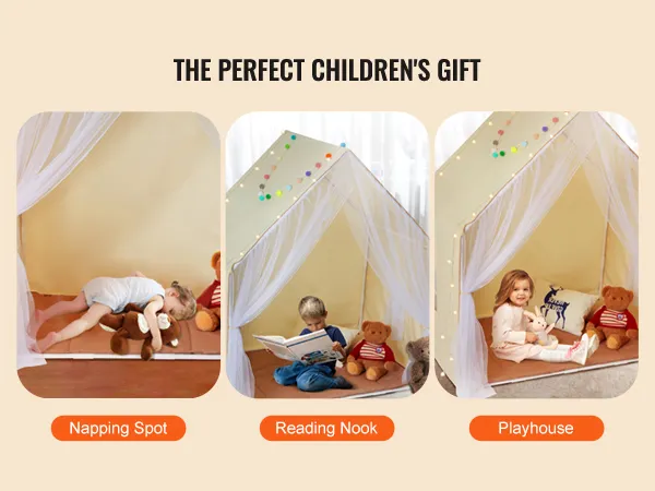 VEVOR kids play tent used as a napping spot, reading nook, and playhouse with stuffed animals. perfect gift.