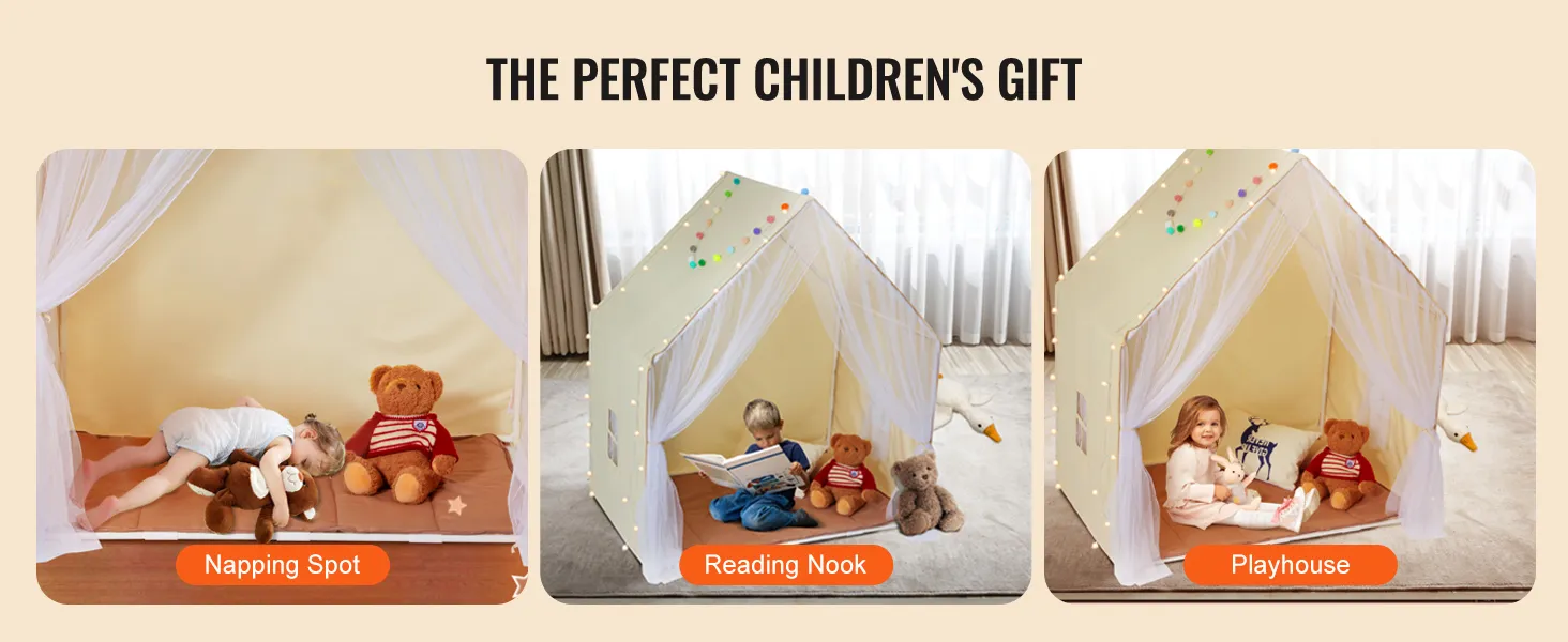 VEVOR kids play tent used as a napping spot, reading nook, and playhouse with stuffed animals. perfect gift.