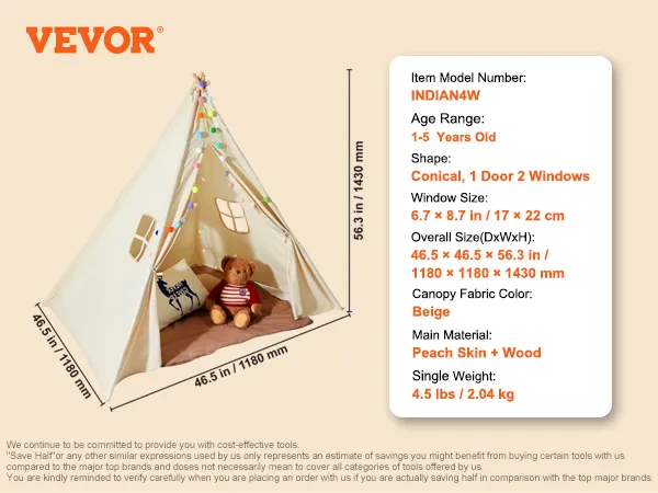 VEVOR kids play tent, beige conical shape with 1 door, 2 windows, peach skin and wood material.