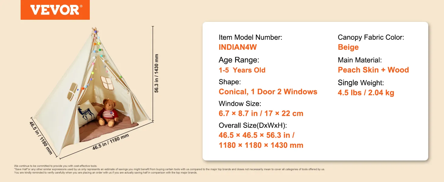 VEVOR kids play tent, beige conical shape with 1 door, 2 windows, peach skin and wood material.