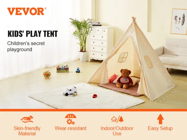 VEVOR kids play tent, cozy indoor/outdoor playhouse with skin-friendly material and easy setup.