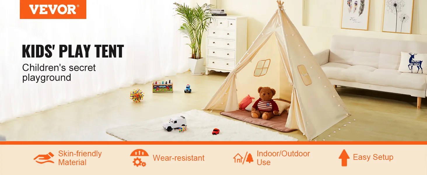 VEVOR kids play tent, cozy indoor/outdoor playhouse with skin-friendly material and easy setup.