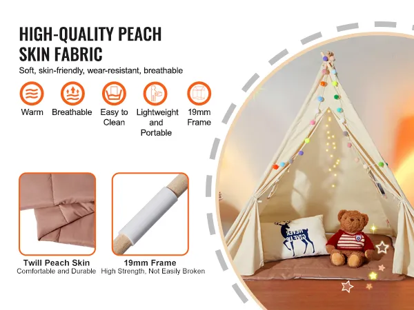 VEVOR kids play tent made of high-quality peach skin fabric, featuring a cozy indoor setup with toys.