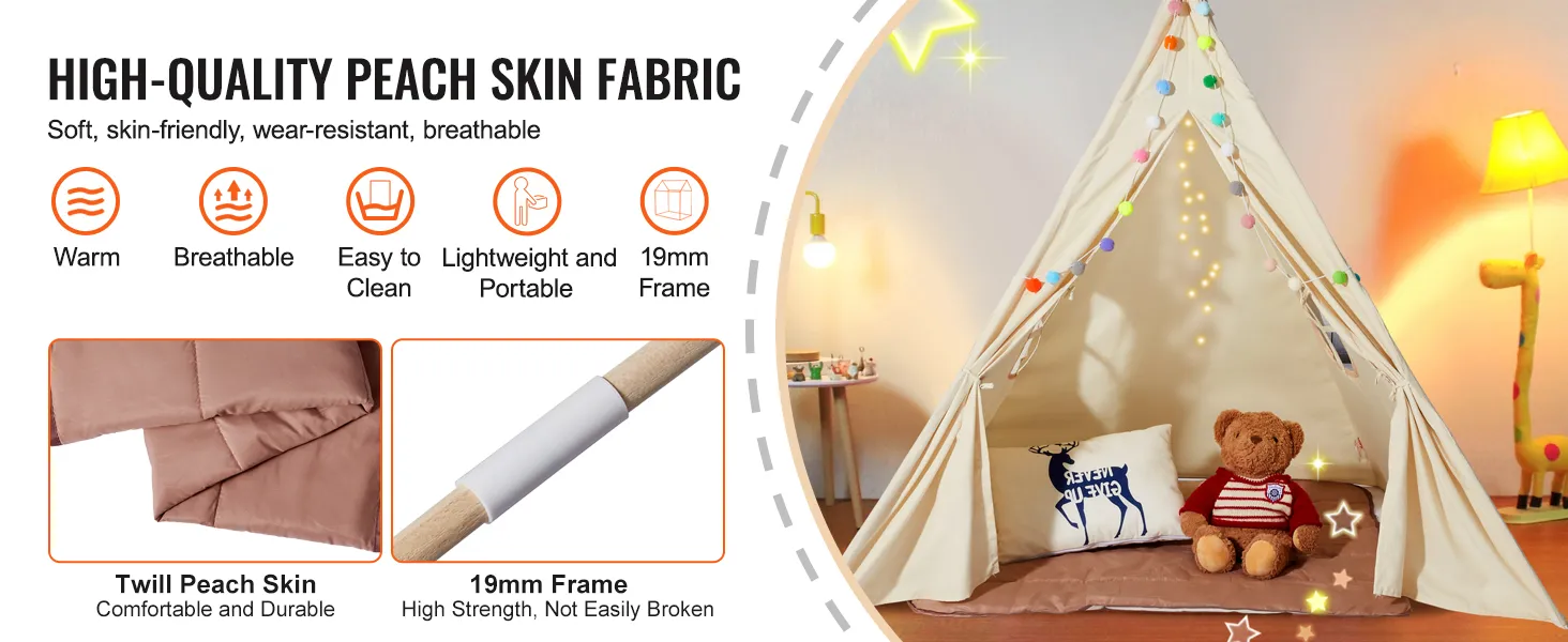 VEVOR kids play tent made of high-quality peach skin fabric, featuring a cozy indoor setup with toys.