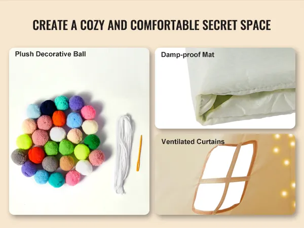 VEVOR kids play tent with plush decorative balls, damp-proof mat, and ventilated curtains for cozy space.