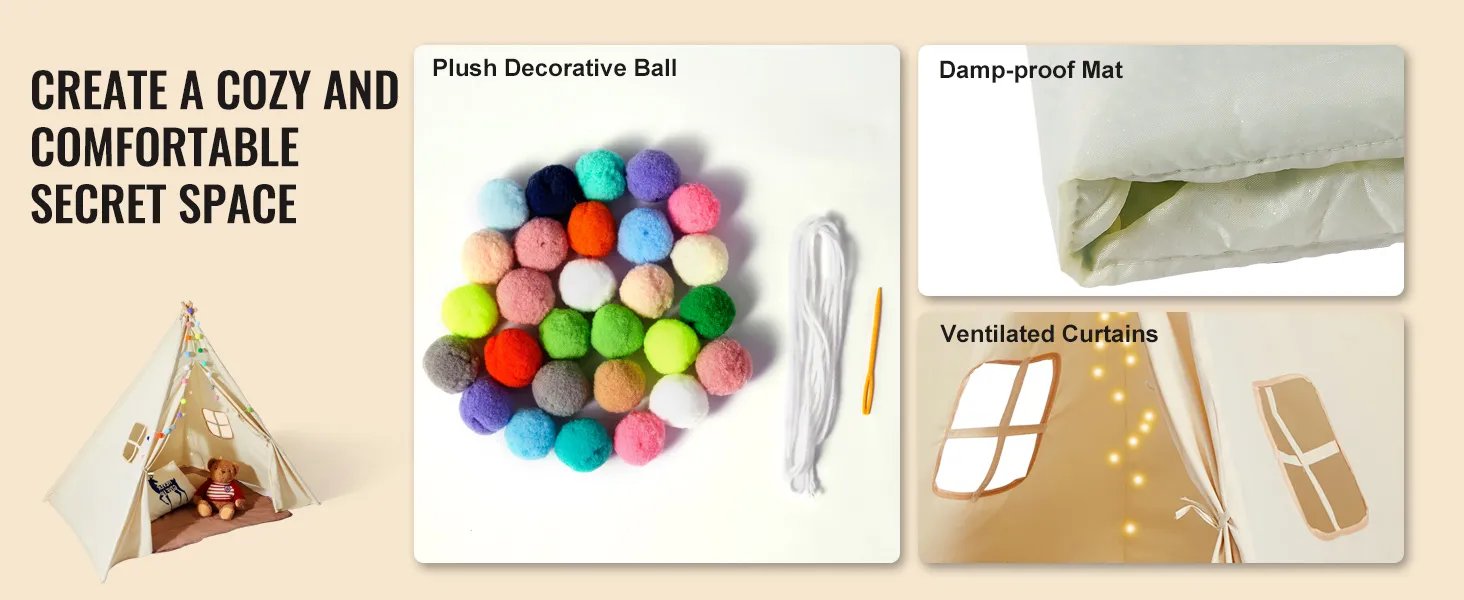 VEVOR kids play tent with plush decorative balls, damp-proof mat, and ventilated curtains for cozy space.