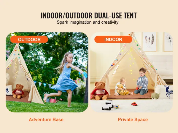 VEVOR kids play tent in backyard labeled "adventure base," and indoors with toys labeled "private space."