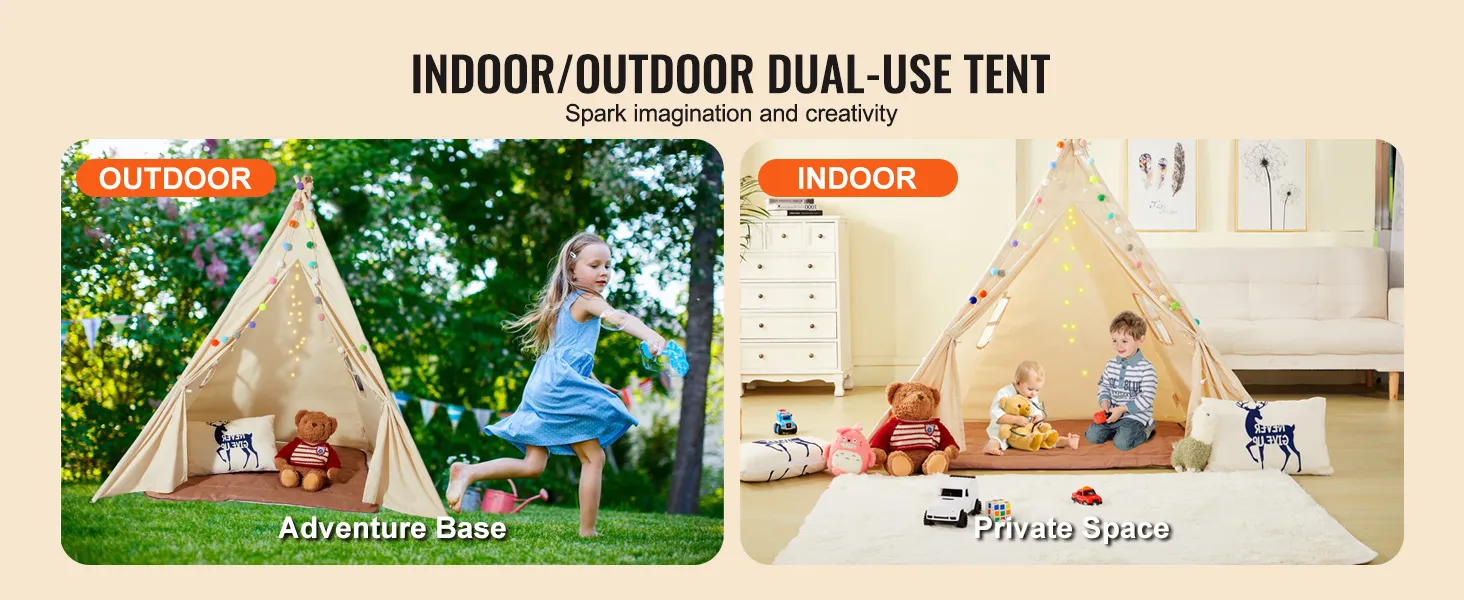 VEVOR kids play tent in backyard labeled "adventure base," and indoors with toys labeled "private space."