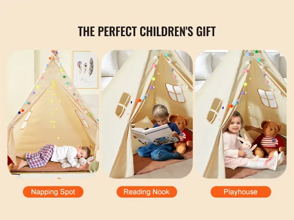VEVOR kids play tent showcasing napping spot, reading nook, and playhouse, ideal for children.