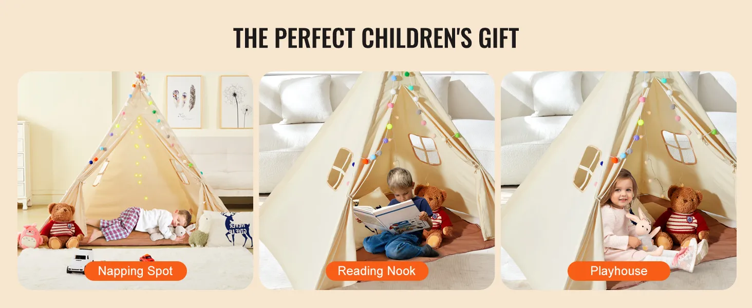 VEVOR kids play tent showcasing napping spot, reading nook, and playhouse, ideal for children.