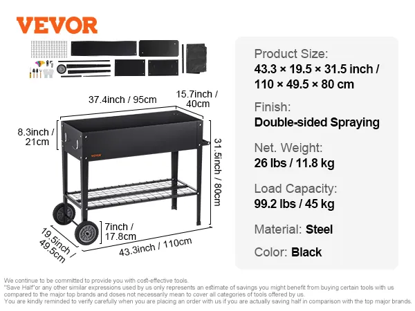 VEVOR verhoogd tuinbed, staal, 43,3 x 19,5 x 31,5 inch, zwart, dubbelzijdig sproeien, capaciteit van 99,2 lbs.