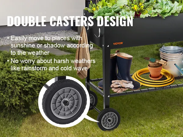 Verhoogd tuinbed van VEVOR met dubbele wielen, gevuld met groenten en planten, in een achtertuin.