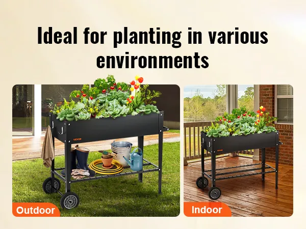 Verhoogde VEVOR-tuinbak, geschikt voor binnen- en buitenbeplanting, gevuld met levendige planten.