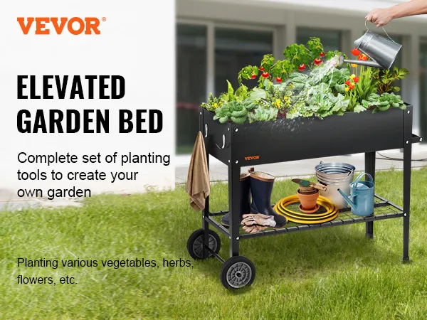 Verhoogd tuinbed van VEVOR met plantgereedschap, groenten en bloemen in een tuin.