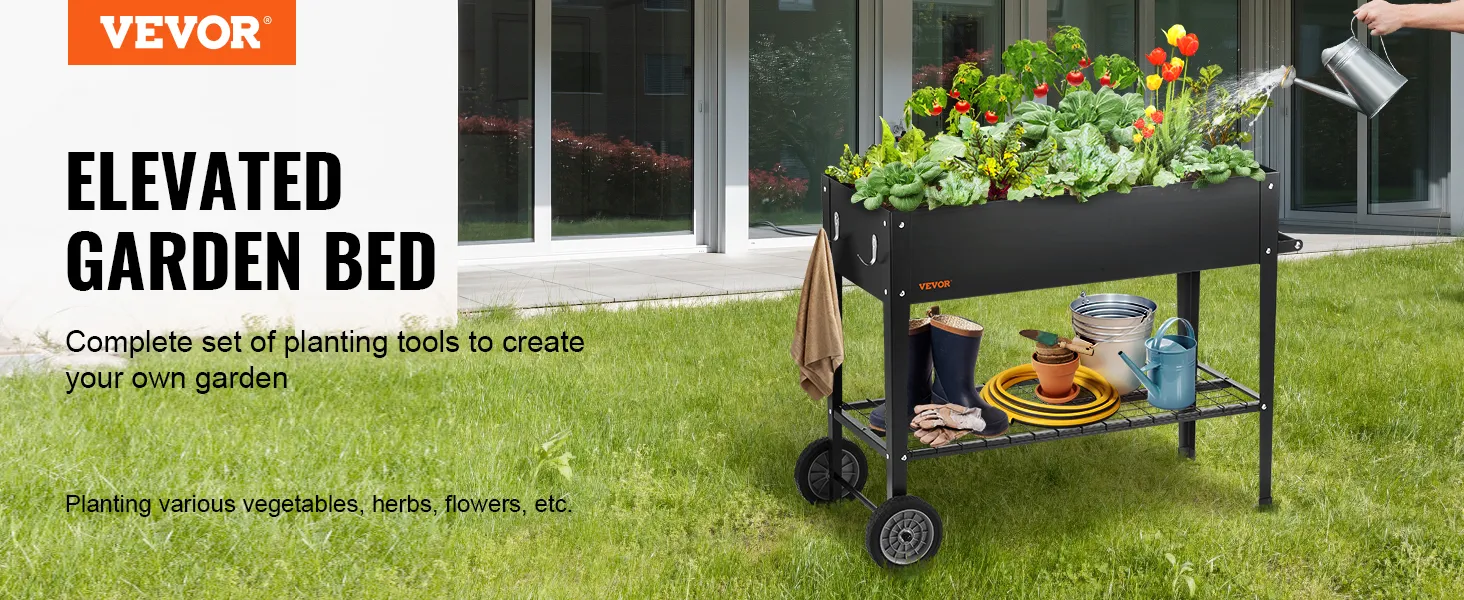 VEVOR raised garden bed with planting tools, vegetables, and flowers in a garden.