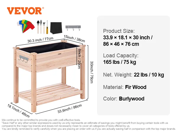 VEVOR garden bed made of fir wood, size 33.9 x 18.1 x 30 inches, burlywood color, and tool accessories included.
