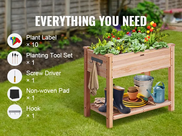 VEVOR garden bed with tools including plant labels, planting tool set, screwdriver, non-woven pad, and hook.