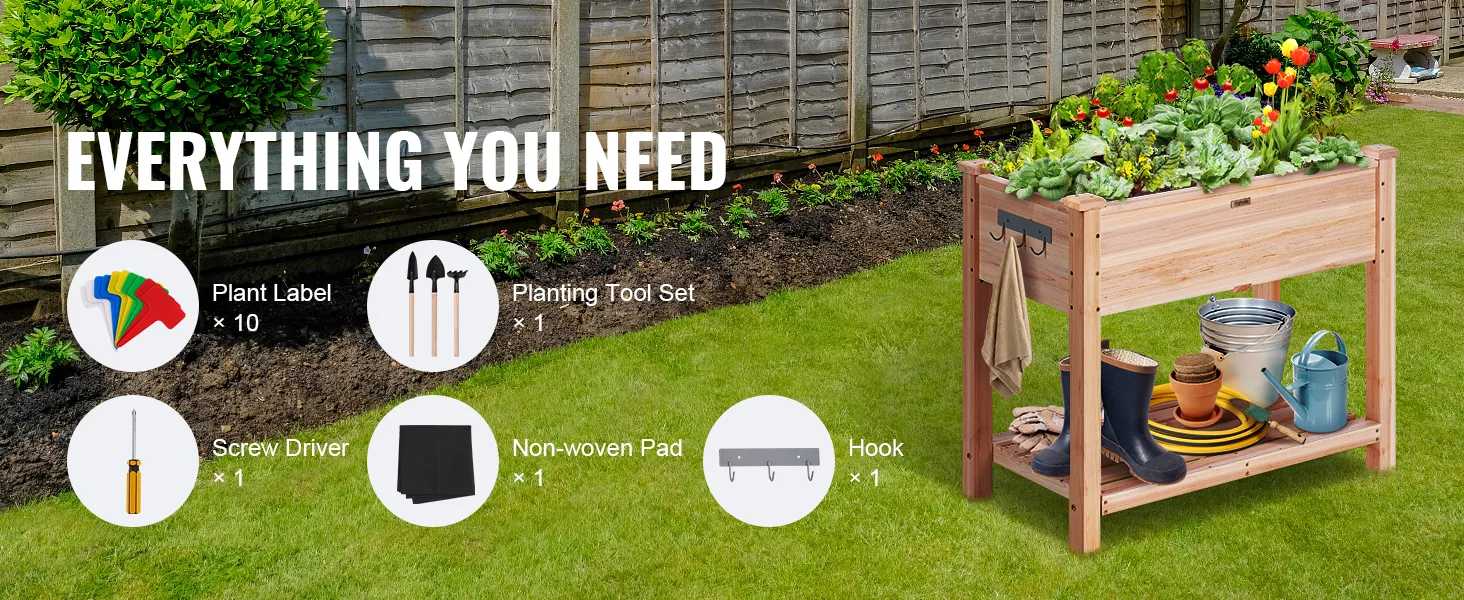 VEVOR garden bed with tools including plant labels, planting tool set, screwdriver, non-woven pad, and hook.
