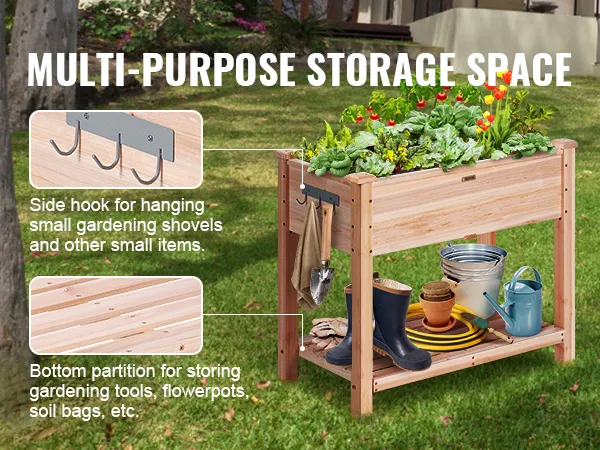 multi-purpose VEVOR garden bed with hooks for tools, bottom shelf for storage, and thriving plants on top.