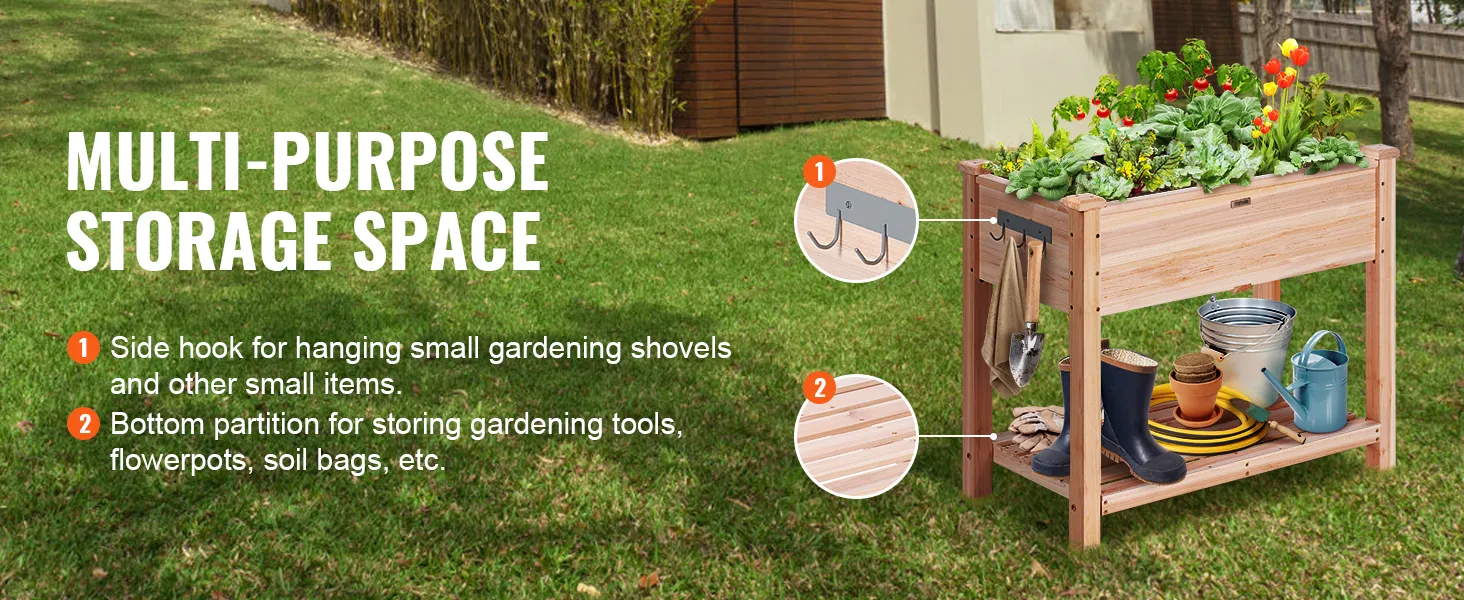 multi-purpose VEVOR garden bed with hooks for tools, bottom shelf for storage, and thriving plants on top.