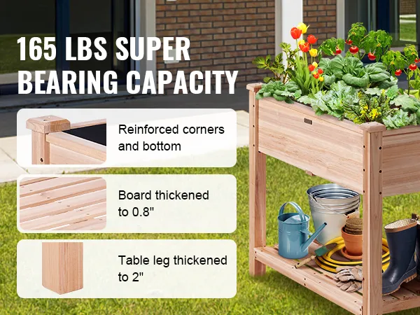 VEVOR garden bed with 165 lbs capacity, reinforced corners, and 2-inch thick legs in a backyard setting.