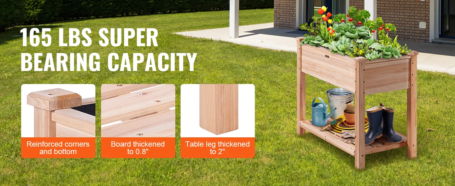 VEVOR garden bed with 165 lbs capacity, reinforced corners, and 2-inch thick legs in a backyard setting.