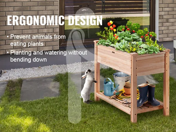 ergonomic VEVOR garden bed with plants, tools, and a rabbit in a backyard setting.