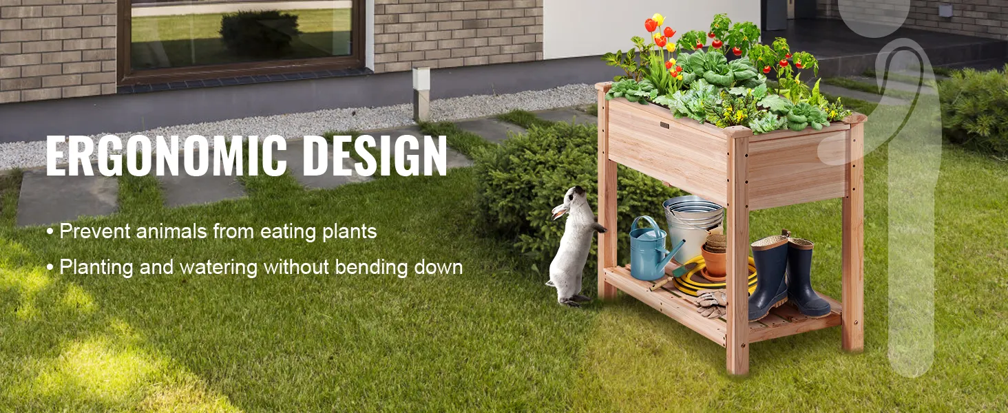 ergonomic VEVOR garden bed with plants, tools, and a rabbit in a backyard setting.