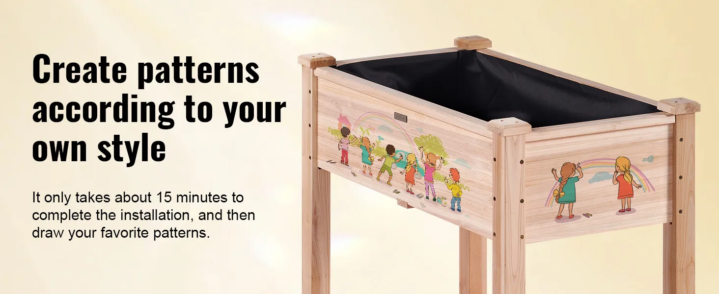 VEVOR garden bed with illustrated panels for personalized patterns, easy 15-minute assembly.