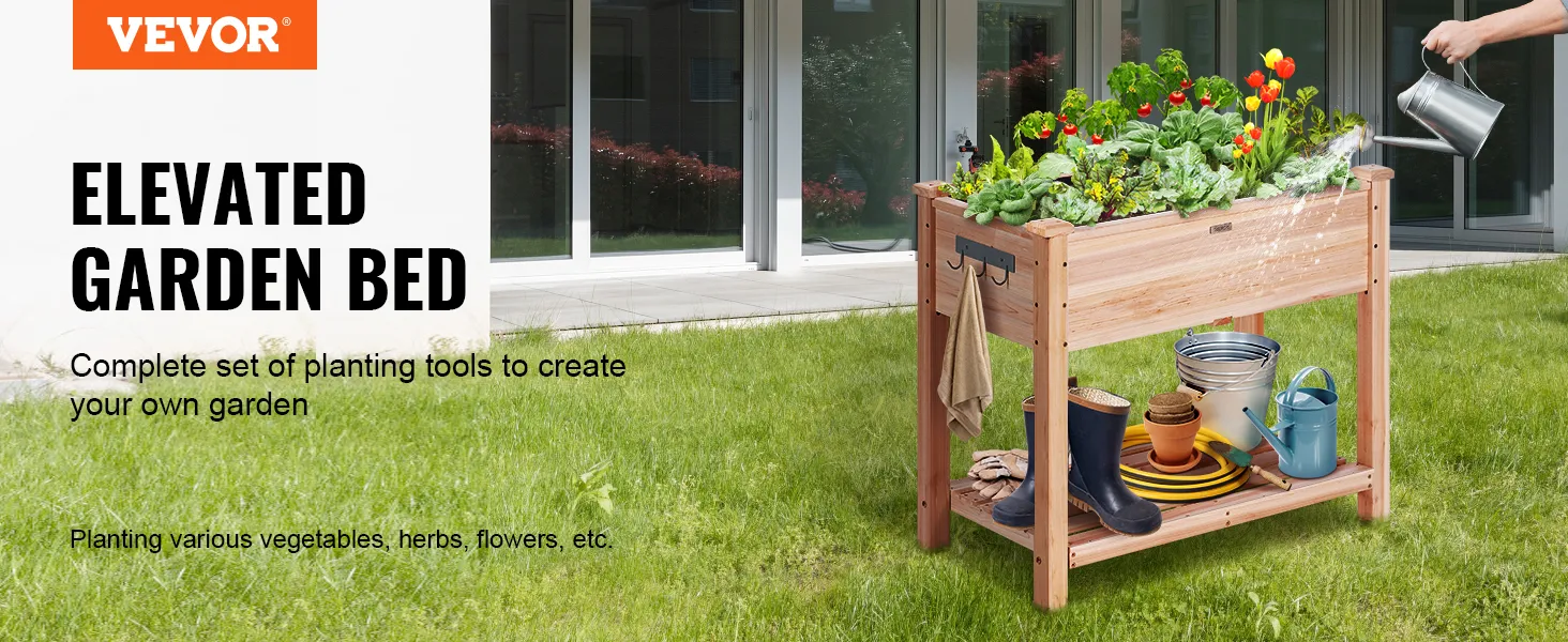 VEVOR garden bed: elevated wooden planter with gardening tools and blooming flowers on lush green lawn.