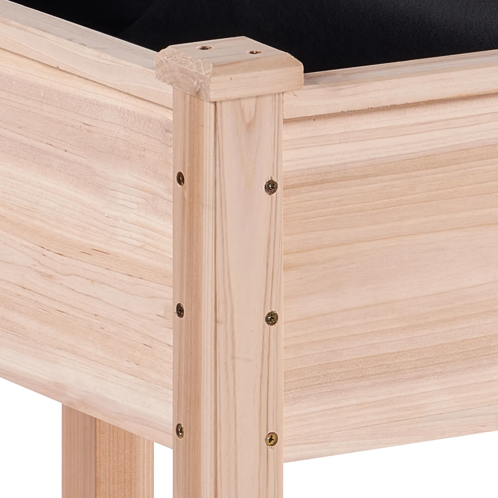 VEVOR garden bed corner detail showing natural wood finish and visible screws for sturdy construction.