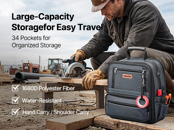 VEVOR Tool Bag, 13.2 Inch, 34-Pocket Portable Large Tool Box