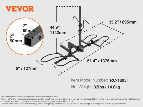VEVOR hitch mount bike rack diagram with specifications, measurements, and model rc-1803i, weight 32lbs.