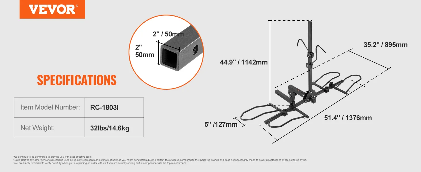 VEVOR hitch mount bike rack diagram with specifications, measurements, and model rc-1803i, weight 32lbs.