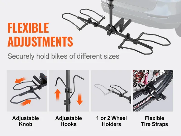 VEVOR hitch mount bike rack with adjustable knobs, hooks, wheel holders, and flexible tire straps.