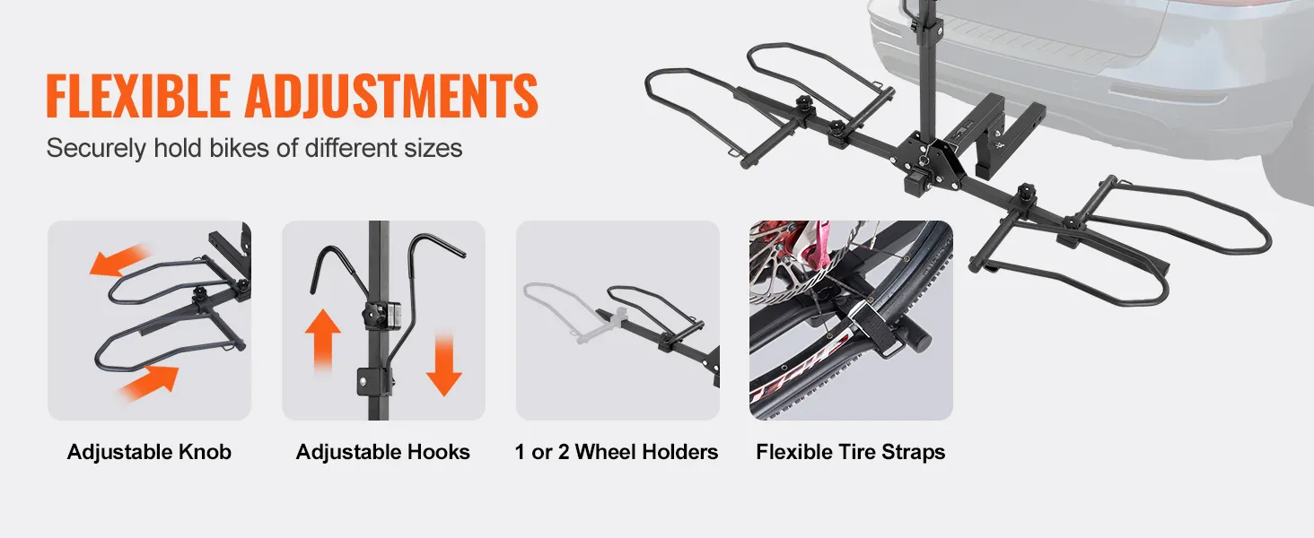 VEVOR hitch mount bike rack with adjustable knobs, hooks, wheel holders, and flexible tire straps.