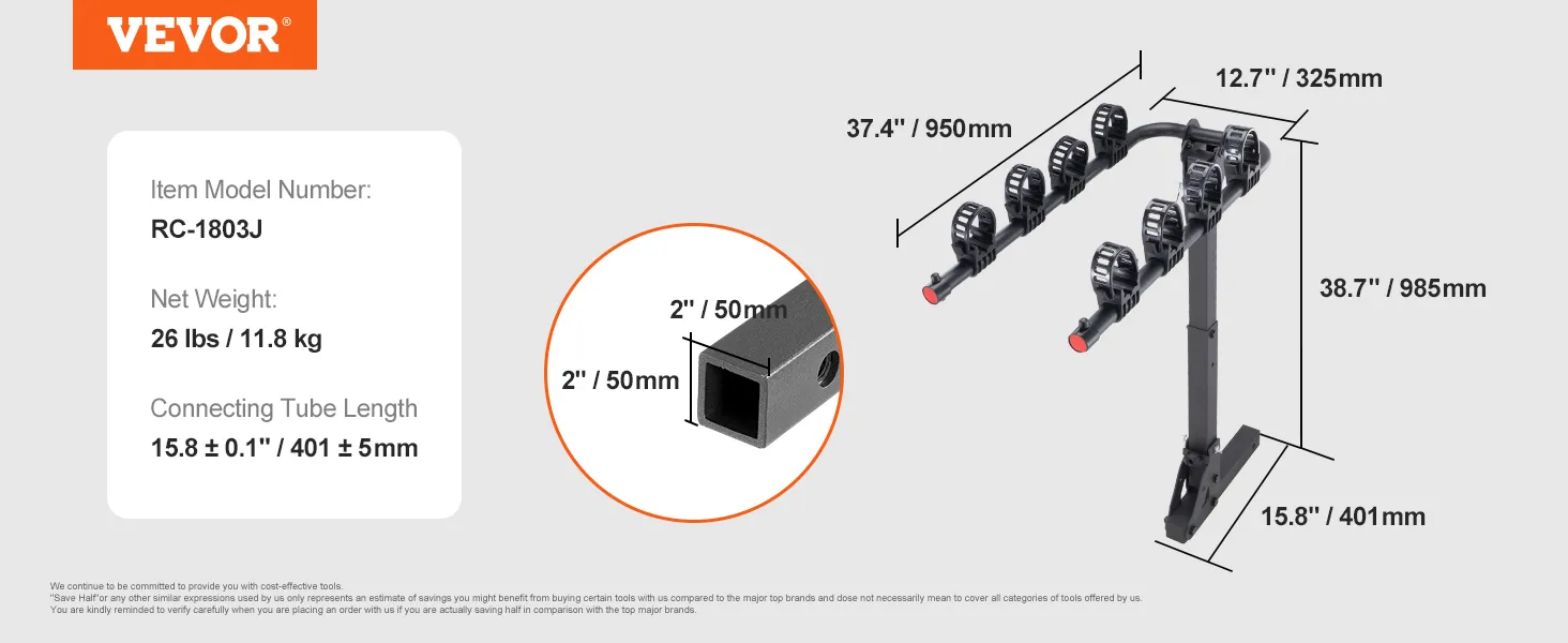 VEVOR hitch mount bike rack dimensions and specifications with model number rc-1803j.