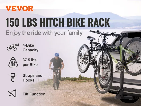 VEVOR hitch mount bike rack with 4-bike capacity, 37.5 lbs per bike, straps, hooks, and tilt function.
