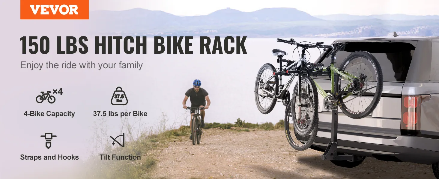 VEVOR hitch mount bike rack with 4-bike capacity, 37.5 lbs per bike, straps, hooks, and tilt function.