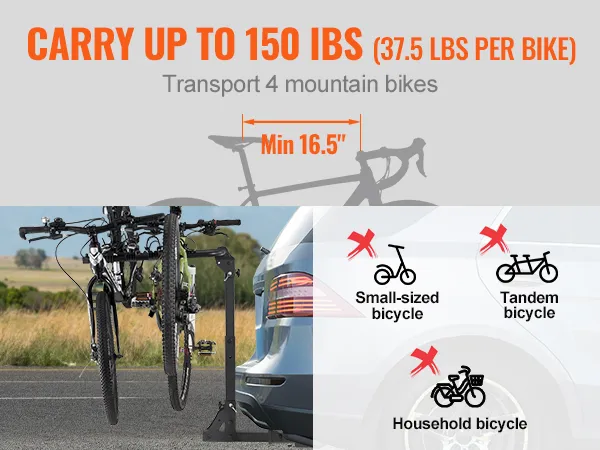 VEVOR hitch mount bike rack for 4 mountain bikes, up to 150 lbs total, compatibility details shown