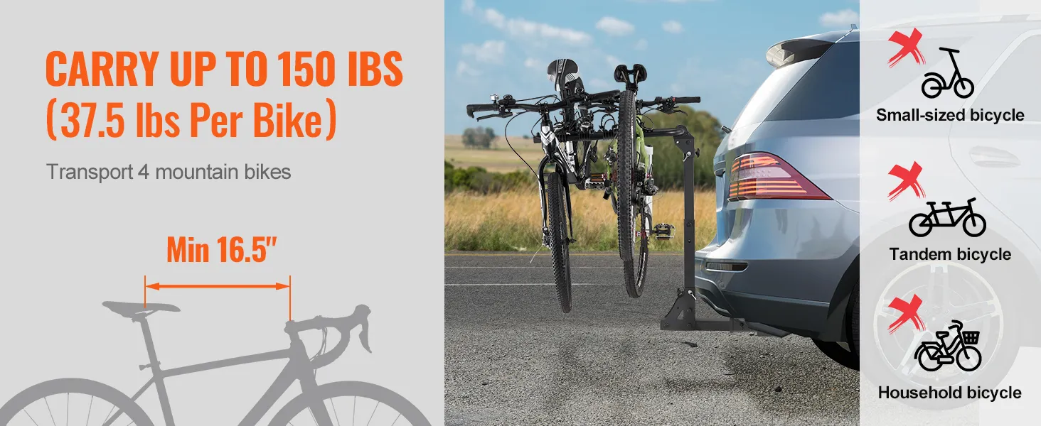 VEVOR hitch mount bike rack for 4 mountain bikes, up to 150 lbs total, compatibility details shown
