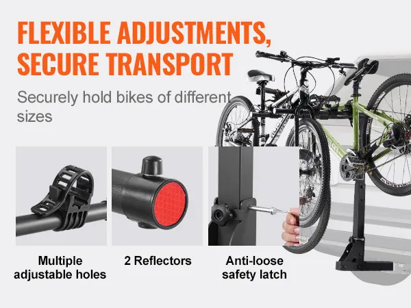 VEVOR hitch mount bike rack securely holds two bikes. features adjustable holes, reflectors, and safety latch.