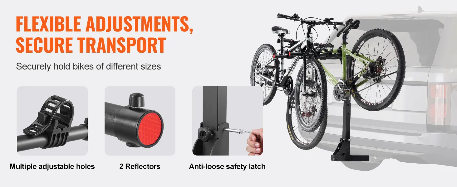 VEVOR hitch mount bike rack securely holds two bikes. features adjustable holes, reflectors, and safety latch.