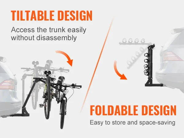 VEVOR hitch mount bike rack features tiltable and foldable design for easy trunk access and storage.