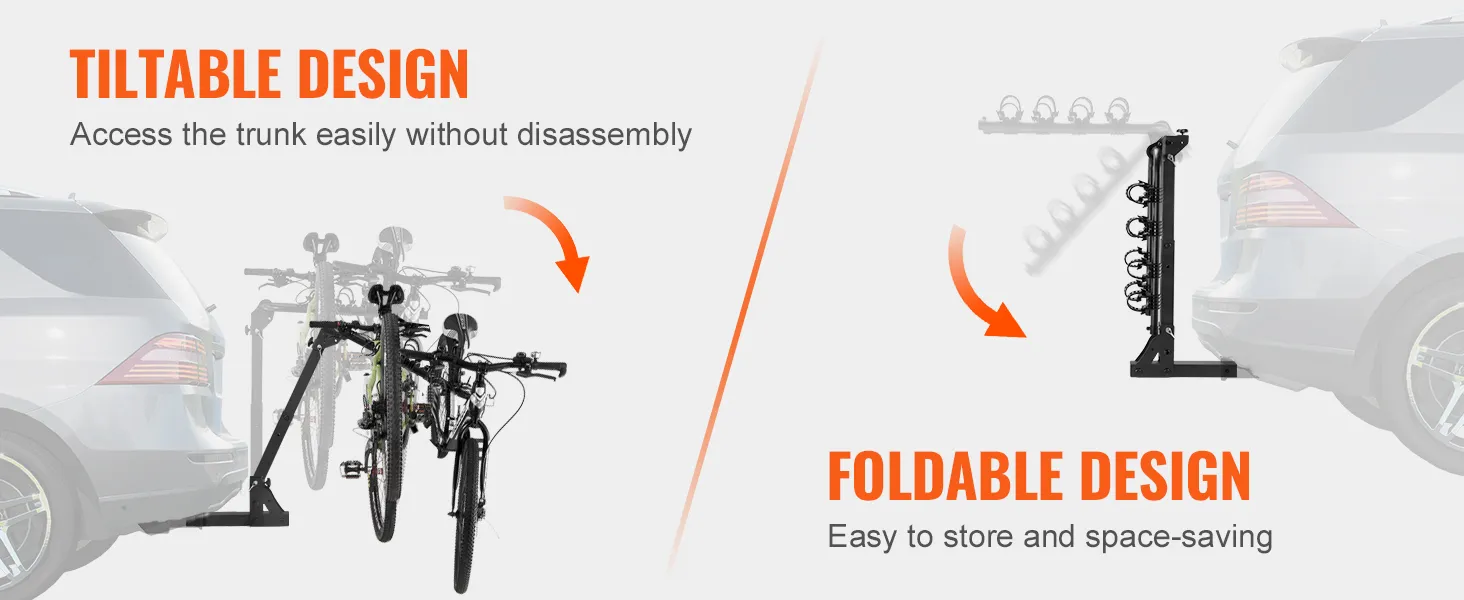 VEVOR hitch mount bike rack features tiltable and foldable design for easy trunk access and storage.