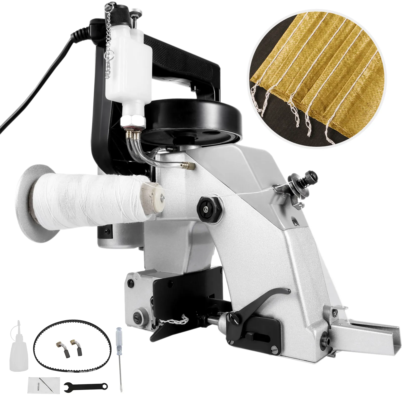 Máquina cerradora de bolsas VEVOR con carrete de hilo y accesorios de costura, primer plano de tela amarilla.