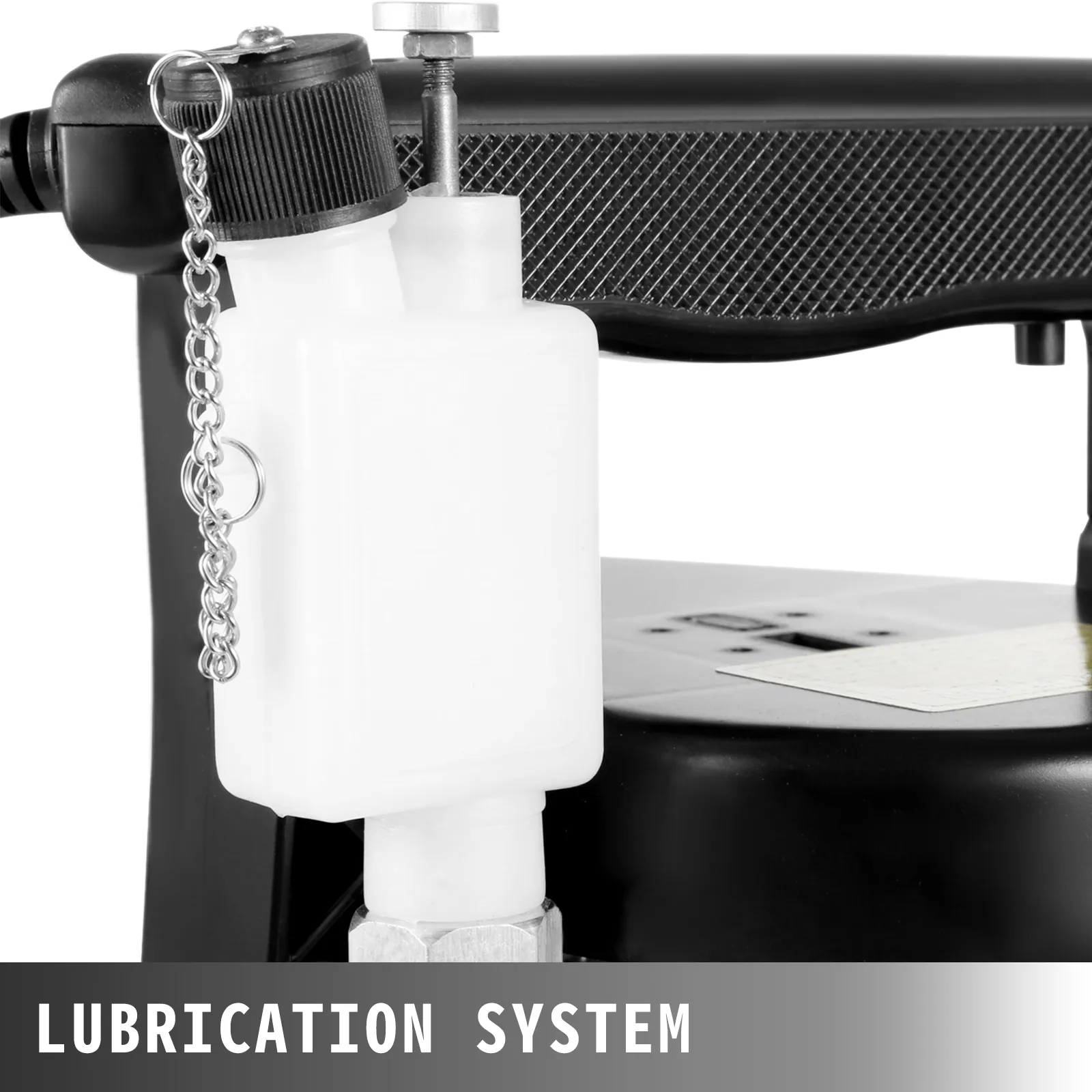 Sistema de lubricación de máquina cerradora de bolsas VEVOR con botella de aceite blanco y cadena.