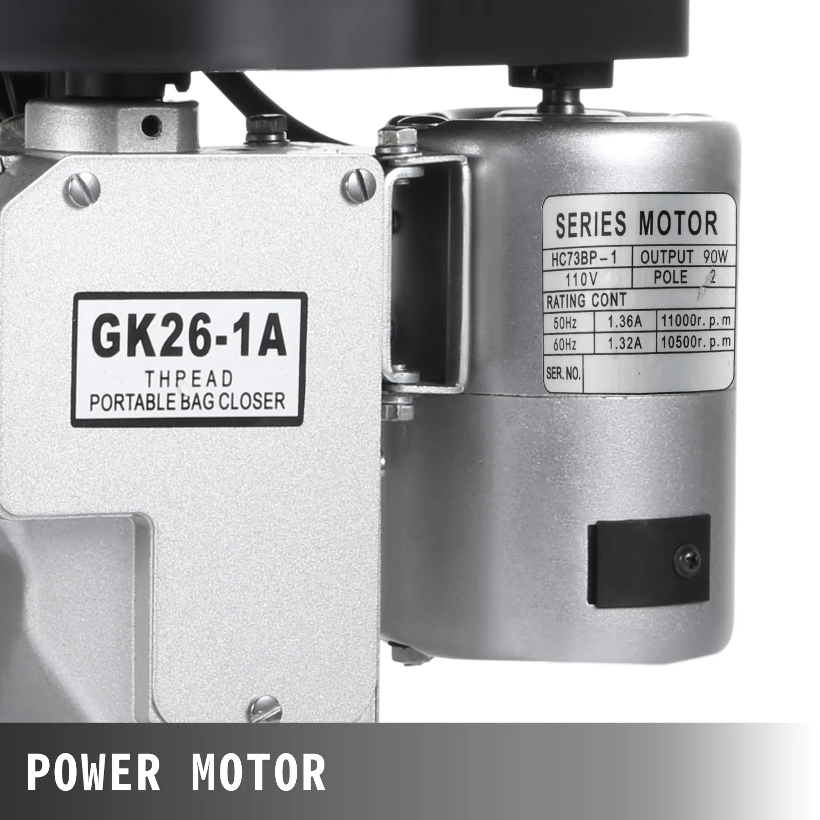 Máquina cerradora de bolsas VEVOR, modelo gk26-1a, con motor de potencia y clasificaciones mostradas.